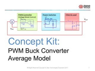 PWM Controller                           Power Switches                        Filter & Load
       (Voltage Mode Control)                       U?
         U?
         PWM_CTRL                                   BUCK_SW
                                                                                             L
                                                                                                                   VOUT
                                                                                       1         2         Vo
-




                           -
+




            PWM                                                                                      C
                           +
                                                    D
             1/Vp
                                                                                                           Rload
                               REF                                                                   ESR


VREF     VP = 2.5
         VREF = 1.23




Concept Kit:
PWM Buck Converter
Average Model
                       All Rights Reserved Copyright (C) Bee Technologies Corporation 2011                                1
 