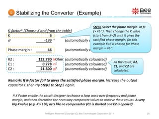 5     Stabilizing the Converter (Example)

                                                     Step5 Select the phase margin at fc
K-factor (Choose K and from the table)              (> 45 ). Then change the K value
K                         6                          (start from K=2) until it gives the
                     -199        (automatically calculated)phase margin, for this
                                                     satisfied
                                                     example K=6 is chosen for Phase
Phase margin :          46         (automatically calculated) 46.
                                                     margin =


R2 :                122.780 kOhm (automatically calculated)
                                                                                          As the result; R2,
C1 :                  0.778 nF   (automatically calculated)
                                                                                          C1, and C2 are
C2 :                 21.600 pF   (automatically calculated)                               calculated.

Remark: If K-factor fail to gives the satisfied phase margin, Increase the output
capacitor C then try Step1 to Step5 again.

   K Factor enable the circuit designer to choose a loop cross-over frequency and phase
  margin, and then determine the necessary component values to achieve these results. A very
  big K value (e.g. K > 100) acts like no compensator (C1 is shorted and C2 is opened).

                        All Rights Reserved Copyright (C) Bee Technologies Corporation 2011                    20
 