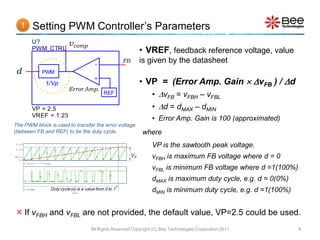 1       Setting PWM Controller’s Parameters
           U?                    vcomp
           PWM_CTRL                                                      • VREF, feedback reference voltage, value
                                                -              FB        is given by the datasheet
d                 PWM
                                                                         • VP = (Error Amp. Gain  vFB ) / d
                                                +
                    1/Vp
                                 Error Amp.
                                                     REF                    • vFB = vFBH – vFBL
           VP = 2.5                                                         • d = dMAX – dMIN
           VREF = 1.23
                                                                            • Error Amp. Gain is 100 (approximated)
The PWM block is used to transfer the error voltage
(between FB and REF) to be the duty cycle.                               where
3.0V

2.0V
                                                                            VP is the sawtooth peak voltage.
SEL>>                                                               VP      vFBH is maximum FB voltage where d = 0
   0V
        V(osc)   V(comp)

                                                                            vFBL is minimum FB voltage where d =1(100%)
                                                                            dMAX is maximum duty cycle, e.g. d = 0(0%)
        V(PWM)         Duty cycle (d) is a value from 0 to 1                dMIN is minimum duty cycle, e.g. d =1(100%)
                                   Time




 If vFBH and vFBL are not provided, the default value, VP=2.5 could be used.
                                              All Rights Reserved Copyright (C) Bee Technologies Corporation 2011         8
 