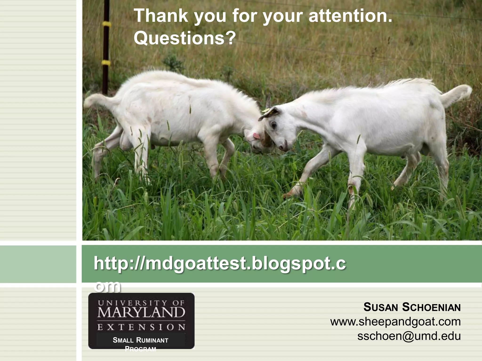 Thank you for your attention.
Questions?

http://mdgoattest.blogspot.c
om
SMALL RUMINANT
PROGRAM

SUSAN SCHOENIAN
www.sheepandgoat.com
sschoen@umd.edu

 