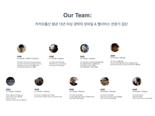 Our Team:
카카오출신 평균 13년 이상 경력의 모바일 & 웹서비스 전문가 집단
 