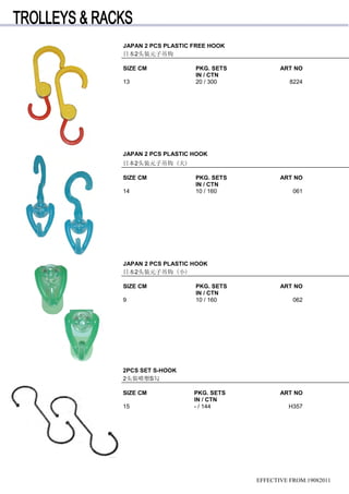 JAPAN 2 PCS PLASTIC FREE HOOK
日本2头装元子吊钩
SIZE CM PKG. SETS ART NO
IN / CTN
13 20 / 300 8224
JAPAN 2 PCS PLASTIC HOOK
日本2头装元子吊钩 (大)
SIZE CM PKG. SETS ART NO
IN / CTN
14 10 / 160 061
JAPAN 2 PCS PLASTIC HOOK
日本2头装元子吊钩 (小)
SIZE CM PKG. SETS ART NO
IN / CTN
9 10 / 160 062
2PCS SET S-HOOK
2头装喷塑S勾
SIZE CM PKG. SETS ART NO
IN / CTN
15 - / 144 H357
EFFECTIVE FROM:19082011
 