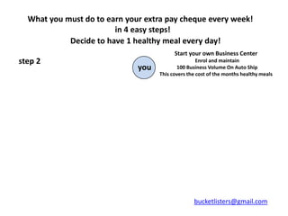 What you must do to earn your extra pay cheque every week!
                        in 4 easy steps!
            Decide to have 1 healthy meal every day!
                                          Start your own Business Center
step 2                                              Enrol and maintain
                              you          100 Business Volume On Auto Ship
                                    This covers the cost of the months healthy meals




                                                  bucketlisters@gmail.com
 
