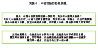 演變 4 ：木桶理論的動態演變。
首先，在儲水前要清楚這樣一個疑問，是先有水還是先有桶？
先有大木桶還是先有小木桶？按照木桶理論，是先有木桶，再有水，然後不斷調整，
從小木桶到大木桶，從短木桶到長木桶，沒有哪只木桶一開始就非常大非常深的。
然而在實踐上，也許是先有水再有木桶，或者是先有不成形的木桶，
甚至只有幾塊木板，而不是桶，然後通過這幾塊緊缺的壟斷的木板資源，
賺到第一桶金，然後才做出第一個木桶。
 