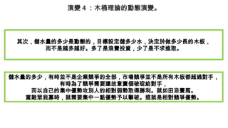 演變 4 ：木桶理論的動態演變。
其次，儲水量的多少是動態的，目標設定儲多少水，決定於做多少長的木板，
而不是越多越好。多了是浪費投資，少了是不求進取。
儲水量的多少，有時並不是企業競爭的全部，市場競爭並不是所有木板都超過對手，
有時為了競爭需要還故意賣個破碇給對手，
而以自己的集中優勢攻別人的相對弱勢取得勝利。就如田忌賽馬。
當敵眾我寡時，就需要集中一點優勢予以擊破。這就是相對競爭優勢。
 