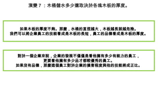 演變 7 ：木桶儲水多少還取決於各塊木板的厚度。
如果木板的厚度不夠。那麼，水桶的直徑越大，木板越長就越危險。
我們可以將企業員工的技能看成是木板的長短，員工的品德看成是木板的厚度。
對於一個企業來說，企業的發展不僅僅是看他擁有多少有能力的員工，
更要看他擁有多少品才都較優秀的員工。
如果沒有品德，那麼這個員工對於企業的損害程度與他的技能將成正比。
 