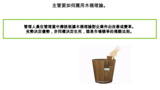 主管要如何運用木桶理論。
管理人員在管理當中應該根據木桶理論對企業作出改善或變革。
劣勢決定優勢，亦同樣決定生死，這是市場競爭的殘酷法則。
 
