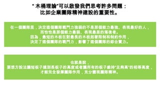“ 木桶理論”可以啟發我們思考許多問題：
比如企業團隊精神建設的重要性。
在一個團隊里，決定這個團隊戰鬥力強弱的不是那個能力最強、表現最好的人，
而恰恰是那個能力最弱、表現最差的落後者。
因為，最短的木板在對最長的木板起著限制和制約作用，
決定了這個團隊的戰鬥力，影響了這個團隊的綜合實力。
也就是說，
要想方設法讓短板子達到長板子的高度或者讓所有的板子維持“足夠高”的相等高度，
才能完全發揮團隊作用，充分體現團隊精神。
 