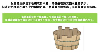 說的是由多塊木板構成的木桶，其價值在於其盛水量的多少，
但決定木桶盛水量多少的關鍵因素不是其最長的板塊，而是其最短的板塊。
這就是說任何一個組織，可能面臨的一個共同問題，
即構成組織的各個部分往往是優劣不齊的，而劣勢部分往往決定整個組織的水平。
 