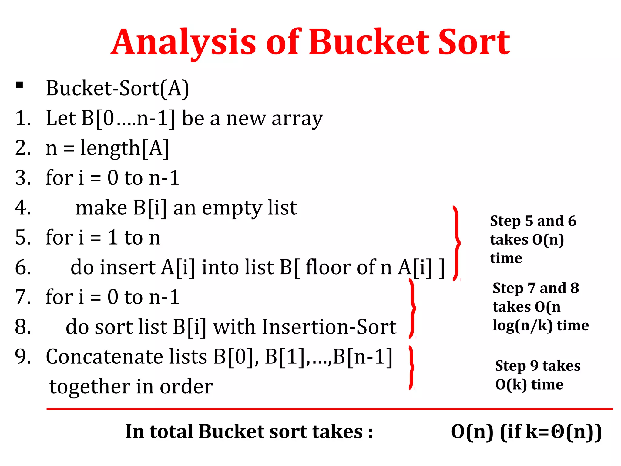 Analysis of Bucket Sort

1.
2.
3.
4.
5.
6.
7.
8.
9.

Bucket-Sort(A)
Let B[0….n-1] be a new array
n = length[A]
for i = 0 to n-1
make B[i] an empty list
for i = 1 to n
do insert A[i] into list B[ floor of n A[i] ]
for i = 0 to n-1
do sort list B[i] with Insertion-Sort
Concatenate lists B[0], B[1],…,B[n-1]
together in order
In total Bucket sort takes :

Step 5 and 6
takes O(n)
time
Step 7 and 8
takes O(n
log(n/k) time
Step 9 takes
O(k) time

O(n) (if k=Θ(n))

 