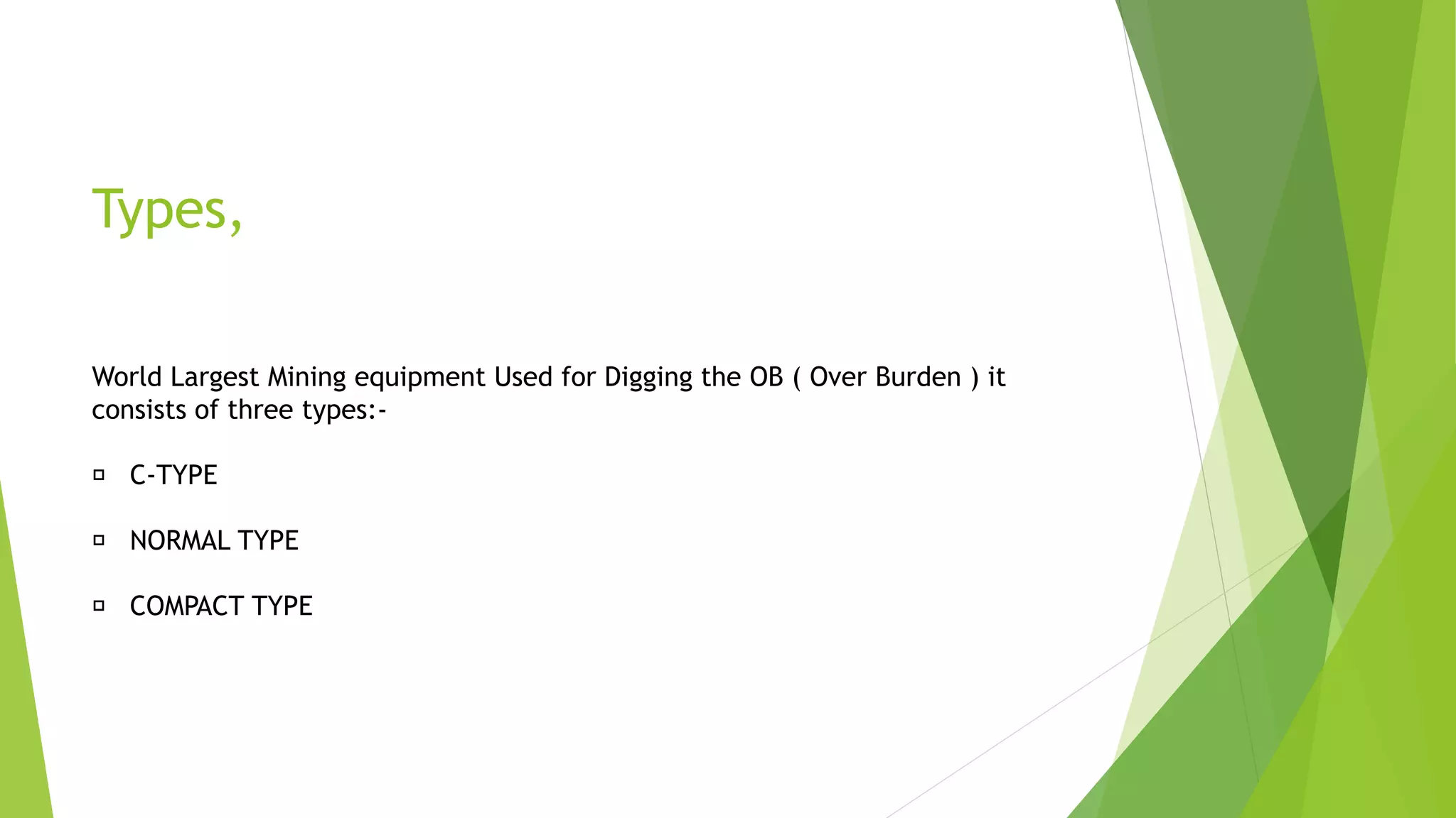 Types,
World Largest Mining equipment Used for Digging the OB ( Over Burden ) it
consists of three types:-
C-TYPE
NORMAL TYPE
COMPACT TYPE
 