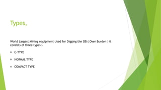 Types,
World Largest Mining equipment Used for Digging the OB ( Over Burden ) it
consists of three types:-
C-TYPE
NORMAL TYPE
COMPACT TYPE
 