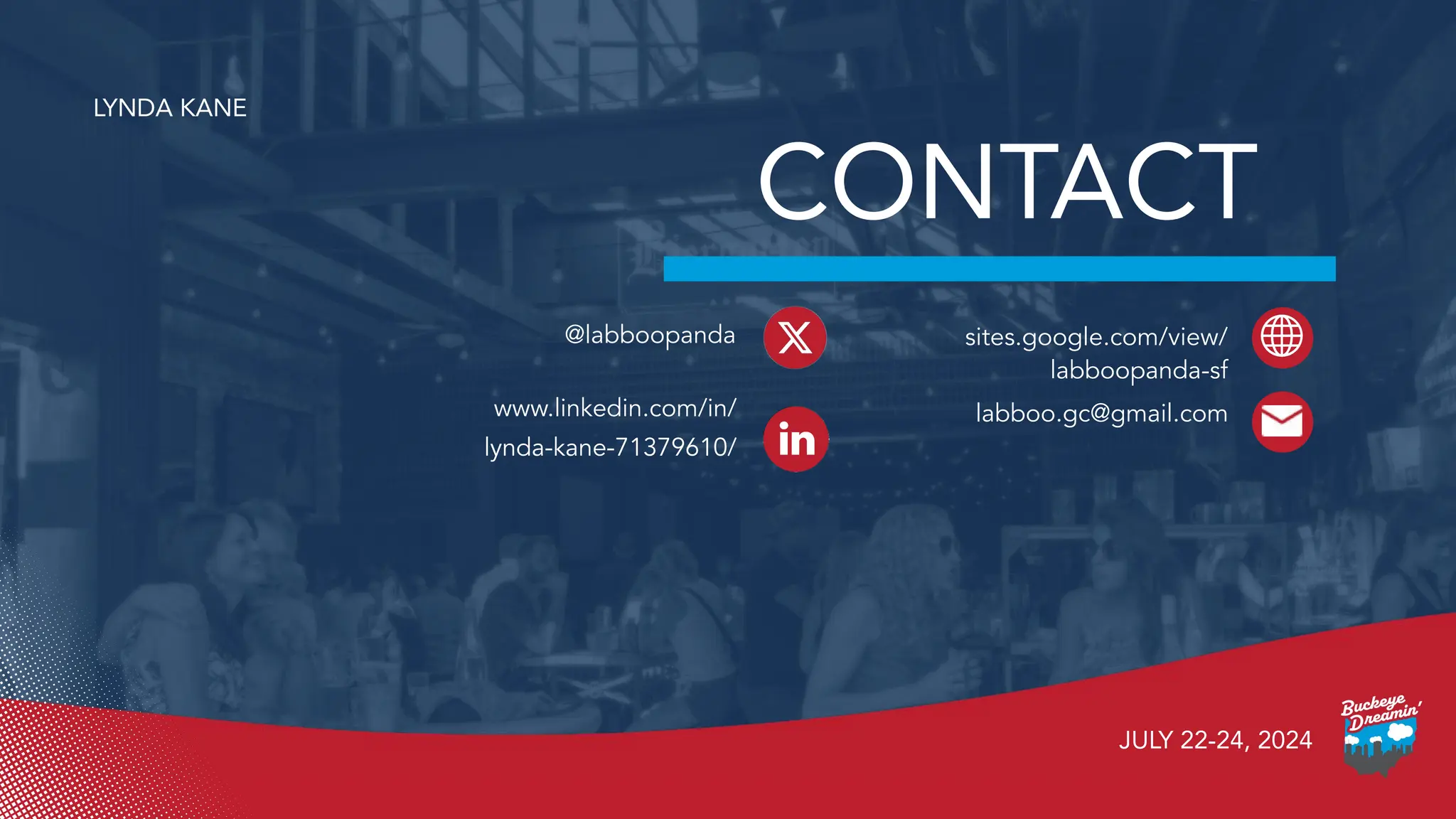 LYNDA KANE
CONTACT
sites.google.com/view/
labboopanda-sf
labboo.gc@gmail.com
@labboopanda
www.linkedin.com/in/
lynda-kane-71379610/
JULY 22-24, 2024
 