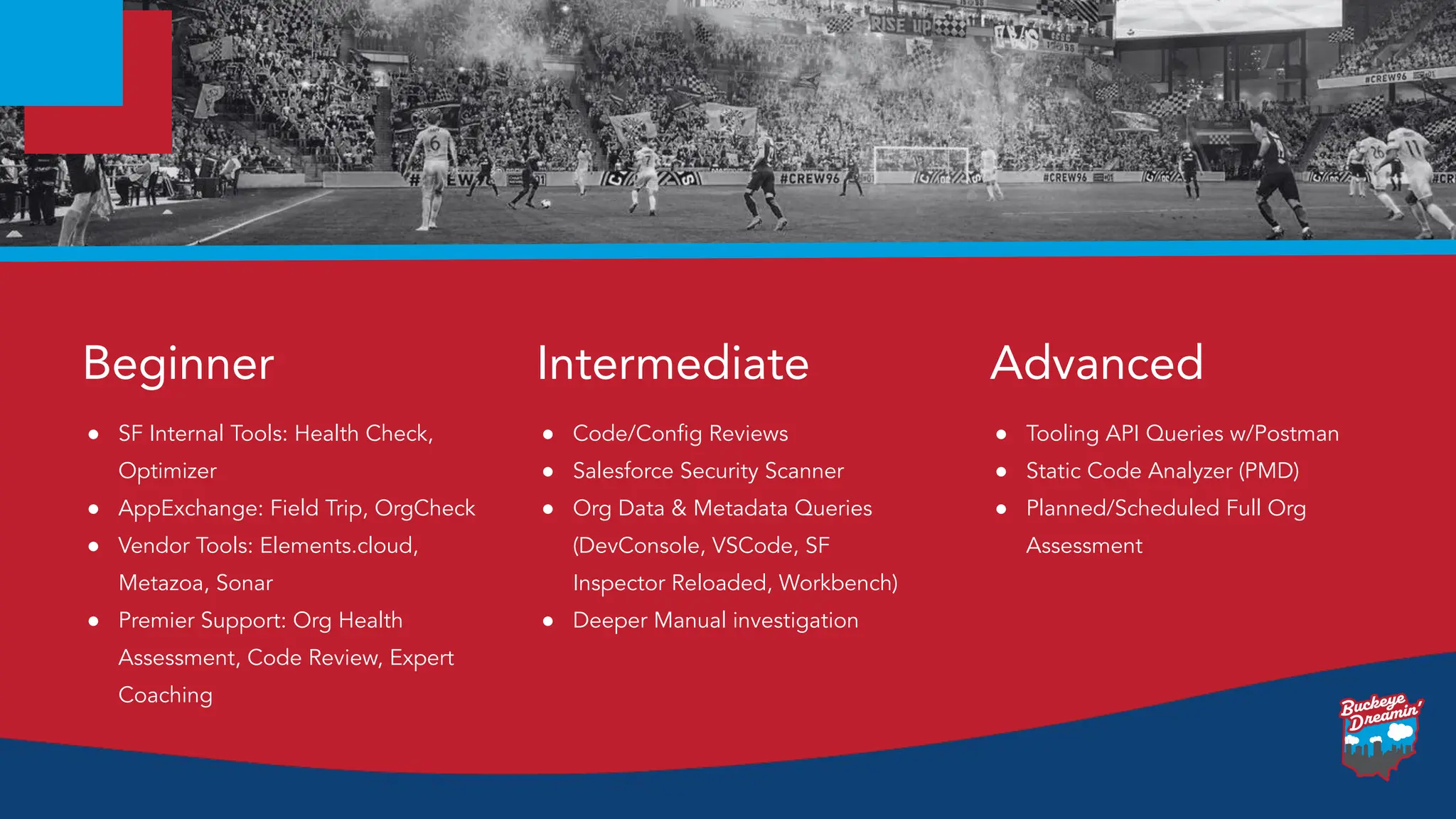 ● SF Internal Tools: Health Check,
Optimizer
● AppExchange: Field Trip, OrgCheck
● Vendor Tools: Elements.cloud,
Metazoa, Sonar
● Premier Support: Org Health
Assessment, Code Review, Expert
Coaching
Beginner
● Code/Conﬁg Reviews
● Salesforce Security Scanner
● Org Data & Metadata Queries
(DevConsole, VSCode, SF
Inspector Reloaded, Workbench)
● Deeper Manual investigation
Intermediate
● Tooling API Queries w/Postman
● Static Code Analyzer (PMD)
● Planned/Scheduled Full Org
Assessment
Advanced
 