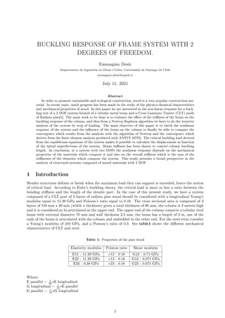 BUCKLING RESPONSE OF FRAME SYSTEM WITH 2
DEGREES OF FREEDOM.
Emmagnio Desir
Departmento de Ingeniería en Obras Civiles, Universidad de Santiago de Chile
emmagnio.desir@usach.cl
July 11, 2021
Abstract
In order to promote sustainable and ecological construction, wood is a very popular construction ma-
terial. In recent years, much progress has been made in the study of the physico-chemical characteristics
and mechanical properties of wood. In this paper we are interested in the non-linear response for a buck-
ling test of a 2 DOF system formed of a tubular metal beam and a Cross Laminate Timber (CLT) made
of Radiata pine[1]. The main work to be done is to evaluate the eect of the stiness of the beam on the
buckling response of the column, and then from a Newton Raphson algorithm we have to do the iterative
analysis of the system by step of loading. The main objective of this paper is to check the nonlinear
response of the system and the inuence of the beam on the column to nally be able to compare the
convergence which results from the analysis with the algorithm of Newton and the convergence which
derives from the nite element analysis produced with ANSYS APDL. The critical buckling load derived
from the equilibrium equations of the system makes it possible to calculate the displacement as function
of the initial imperfections of the system. Beam stiness has been shown to control column buckling
length. In conclusion, in a system with two DOFs the nonlinear response depends on the mechanical
properties of the materials which compose it and also on the overall stiness which is the sum of the
stinesses of the elements which compose the system. This study presents a broad perspective in the
analysis of structural systems composed of mixed materials with 2 DOF
1 Introduction
Slender structures deform or break when the maximum load they can support is exceeded, hence the notion
of critical load. According to Euler's buckling theory, the critical load is more or less a ratio between the
bending stiness and the length of the slender part. In the case of this present study, we have a system
composed of a CLT post of 3 layers of radiata pine wood should be considered with a longitudinal Young's
modulus equal to 11.29 GPa and Poisson's ratio equal to 0.18. The cross sectional area is composed of 3
layers of 150 mm x 30 mm (width x thickness) given a total thickness of 90 mm, the column is 3 meters high
and it is considered as bi-articulated at the upper end. The upper end of the column connects a tubular steel
beam with external diameter 70 mm and wall thickness 2.5 mm, the beam has a length of 2 m, one of the
ends of the beam is articulated with the column and embedded in the other end. For the steel strut consider
a Young's modulus of 210 GPa, and a Poisson's ratio of 0.3. See table1 shows the dierent mechanical
characteristics of CLT and steel.
Table 1: Properties of the pine wood
Elasticity modulus Poisson ratio Shear modulus
E11 : 11.29 GPa ν12 : 0.18 G12 : 0.71 GPa
E22 : 11.29 GPa ν13 : 0.18 G13 : 0.071 GPa
E33 : 0.38 GPa ν23 : 0.18 G23 : 0.071 GPa
Where:
E parallel =
1
30 ∗E longitudinal
G longitudinal =
1
16 ∗E parallel
G parallel =
1
10 ∗G longitudinal
1
 