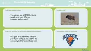 Bucknell University
Though we are all STEM majors,
we all have very different
interests and pursuits!
Our goal is to make I&E a higher
priority on campus, not just for the
university but for students as well.
 