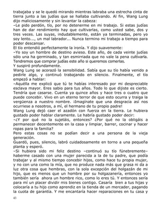 trabajaba y se le quedó mirando mientras labraba una estrecha cinta de
tierra junto a las judías que se hallaba cultivando. Al fin, Wang Lung
dijo maliciosamente y sin levantar la cabeza:
–Le pido perdón, tío, por no detenerme en mi trabajo. Si estas judías
han de dar rendimiento hay que cultivarlas, como usted sabe, dos y
tres veces. Las suyas, indudablemente, están ya terminadas, pero yo
soy lento..., un mal labrador... Nunca termino mi trabajo a tiempo para
poder descansar.
El tío entendió perfectamente la ironía. Y dijo suavemente:
–Yo soy un hombre de destino avieso. Este año, de cada veinte judías
sólo una ha germinado, y tan esmirriada que no vale la pena cultivarla.
Tendremos que comprar judías este año si queremos comerlas.
Y suspiró profundamente.
Wang Lung se acorazó la sensibilidad. Sabía que su tío había venido a
pedirle algo, y continuó trabajando en silencio. Finalmente, el tío
empezó a hablar:
–Aquélla me explicó que tú te habías interesado por mi despreciable
esclava mayor. Eres sabio para tus años. Todo lo que dijiste es cierto.
Tendría que casarse. Cuenta ya quince años y hace tres o cuatro que
puede concebir. Vivo en un eterno terror de que esto ocurra y traiga la
vergüenza a nuestro nombre. ¡Imagínate que una desgracia así nos
ocurriese a nosotros, a mí, el hermano de tu propio padre!
Wang Lung dejó caer el azadón con fuerza en la tierra. Le hubiera
gustado poder hablar claramente. Le habría gustado poder decir:
–¿Y por qué no la sujetáis, entonces? ¿Por qué no la obligáis a
permanecer decentemente en la casa y limpiar, barrer, cocinar y hacer
ropas para la familia?
Pero estas cosas no se podían decir a una persona de la vieja
generación.
Guardó, pues, silencio, labró cuidadosamente en torno a una pequeña
planta y esperó.
–Si hubiera sido mi feliz destino –continuó su tío fúnebremente–
haberme casado con una mujer parecida a la de tu padre, que podía
trabajar y al mismo tiempo concebir hijos, como hace tu propia mujer,
y no con una como la mía, que no produce nada más que grasa ni da a
luz otra cosa que hembras, con la sola excepción del holgazán de mi
hijo, que es menos que un hombre por su holgazanería, entonces yo
también sería ahora un hombre rico, como lo eres tú. Y entonces sería
para mí un placer dividir mis bienes contigo. Casaría bien a tus hijas y
colocaría a tu hijo como aprendiz en la tienda de un mercader, pagando
la cuota de garantía. Y me encantaría hacer reparaciones en tu casa y
43

 