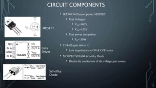 CIRCUIT COMPONENTS
• IRF540 N-Channel power MOSFET
• Max Voltages:
• VDS=100V
• VGS=±20V
• Max power dissipation
• PD=150W
• TC4428 gate driver IC
• Low impedances in ON & OFF states
• MOSPEC S10A60 Schottky Diode
• Blocks the conduction of the voltage gate source
MOSFET
Gate
Driver
Schottky
Diode
5
 