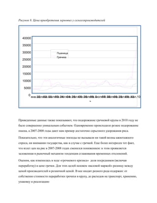 Рисунок 8. Цена приобретения зерновых у сельхозпроизводителей




  40000

  35000

  30000                     Пшеница
                            Гречиха
  25000

  20000

  15000

  10000

    5000

       0
           янв.02 янв.03 янв.04 янв.05 янв.06 янв.0 янв.08 янв.09 янв.10
               июл.02 июл.03 июл.04 июл.05 июл.06 июл.07 июл.08 июл.09 июл.10
                                                    7




Приведенные данные также показывают, что подорожание гречневой крупы в 2010 году не
было совершенно уникальным событием. Одновременно происходило резкое подорожание
пшена, а 2007-2008 годы дают нам пример достаточно серьезного удорожания риса.

Показательно, что эти аналогичные эпизоды не вызывали ни такой волны ажиотажного
спроса, ни внимания государства, как в случае с гречкой. Еще более интересен тот факт,
что взлет цен на рис в 2007-2008 годах сменился понижением: в этом проявляется
заложенная в рыночный механизм тенденция сглаживания временных отклонений.

Оценим, как изменилась в ходе «гречневого кризиса» доля посредников (включая
переработку) в цене гречки. Для этих целей назовем «валовой маржой» разницу между
ценой производителей и розничной ценой. В нее входят разного рода издержки: от
собственно стоимости переработки гречихи в крупу, до расходов на транспорт, хранению,
упаковку и реализацию
 