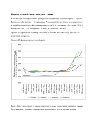 Количественный анализ: соседние страны

В 2010 гг. серьезный рост цен на гречку наблюдался также в соседних странах – Украине,
Белоруссии и Казахстане — которые, как и Россия, являются крупными производителями
и потребителями гречки. Долларовая цена гречки в 2010 г. поднялась в России на 190%, в
Белоруссии – на 177%, на Украине – на 136%, в Казахстане – на 66%.

Уровни долларовых цен на гречку в России и ее соседях 2009-2010 годах показаны на
следующей диаграмме.

Рисунок 11. Динамика цен гречневой крупы

                                         3.00
  по официальному курсу валюты, USD/кг




                                         2.50
   Средние розничные цены в пересчете




                                         2.00



                                         1.50



                                         1.00



                                         0.50



                                         0.00
                                                2009, январь




                                                                                                                                                                                                                                2010, январь
                                                                                                                       2009, июнь
                                                                                                                                    2009, июль




                                                                                                                                                                                                                                                                                                       2010, июнь
                                                                                                                                                                                                                                                                                                                    2010, июль
                                                                                                           2009, май




                                                                                                                                                                                                                                                                                           2010, май
                                                                                                                                                 2009, август




                                                                                                                                                                                                                                                                                                                                 2010, август
                                                                               2009, март
                                                                                            2009, апрель




                                                                                                                                                                                                                2009, декабрь



                                                                                                                                                                                                                                                               2010, март
                                                                                                                                                                                                                                                                            2010, апрель




                                                                                                                                                                                                                                                                                                                                                                                                2010, декабрь
                                                                                                                                                                                 2009, октябрь




                                                                                                                                                                                                                                                                                                                                                                 2010, октябрь
                                                               2009, февраль




                                                                                                                                                                                                                                               2010, февраль
                                                                                                                                                                                                 2009, ноябрь




                                                                                                                                                                                                                                                                                                                                                                                 2010, ноябрь
                                                                                                                                                                2009, сентябрь




                                                                                                                                                                                                                                                                                                                                                2010, сентябрь




                                                                                                 Россия                                           Украина                                                             Беларусь                                                             Казахстан




Если в Белоруссии, несмотря на совершенно иную иную организацию торговли и гораздо
более высокую степень государственного регулирования цен, розничные цены на
 