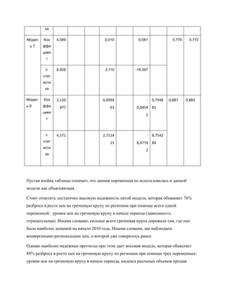 ка

Модел   Коэ    4,589                   0,010           -0,081             0,778    0,772
 ь7     ффи
        циен
         т

         t-    8,928                   2,110          -16,397
        стат
        исти
         ка

Модел   Коэ    2,120                  0,0094                - 0,7948   0,887      0,883
ь8      ффи     977                      63            0,0454 81
        циен
                                                            1
         т



         t-    4,571                  2,7114                - 8,7542
        стат                             15            8,4774 84
        исти
                                                            2
         ка




Пустая ячейка таблицы означает, что данная переменная не использовалась в данной
модели как объясняющая.

Стоит отметить достаточно высокую надежность пятой модели, которая объяаняет 76%
разброса в росте цен на гречневую крупу по регионам при помощи всего одной
переменной: уровня цен на гречневую крупу в начале периода (зависимость
отрицательная). Иными словами, сильнее всего гречневая крупа дорожала там, где она
была наиболее дешевой на начало 2010 года. Иными словами, мы наблюдаем
конвергенцию региональных цен, о которой уже говорилось ранее.

Однако наиболее надежные прогнозы при этом дает восьмая модель, которая объясняет
88% разброса в росте цен на гречневую крупу по регионам при помощи трех переменных:
уровня цен на гречневую крупу в начале периода, индекса реальных объемов продаж
 