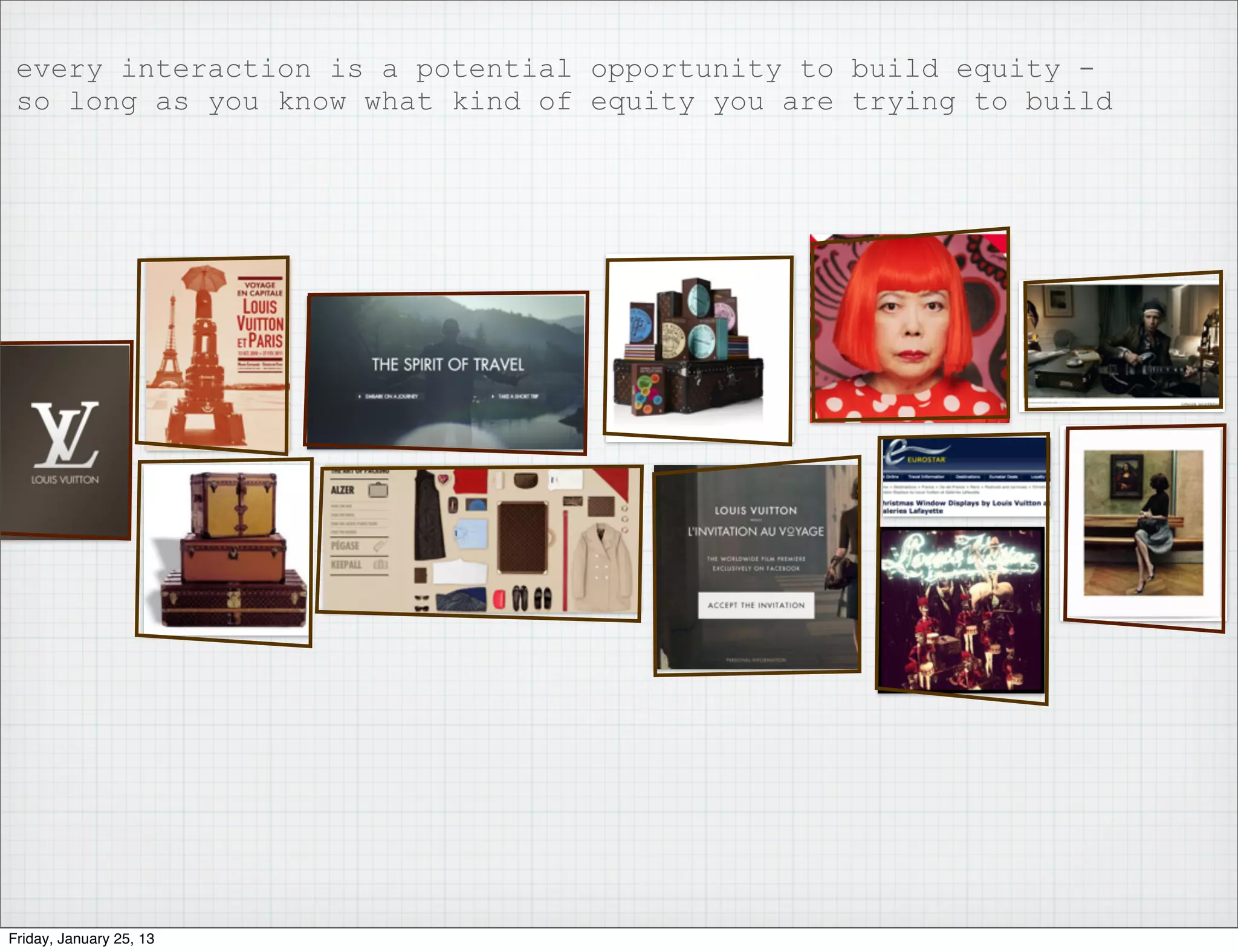 every interaction is a potential opportunity to build equity -
 so long as you know what kind of equity you are trying to build




Friday, January 25, 13
 