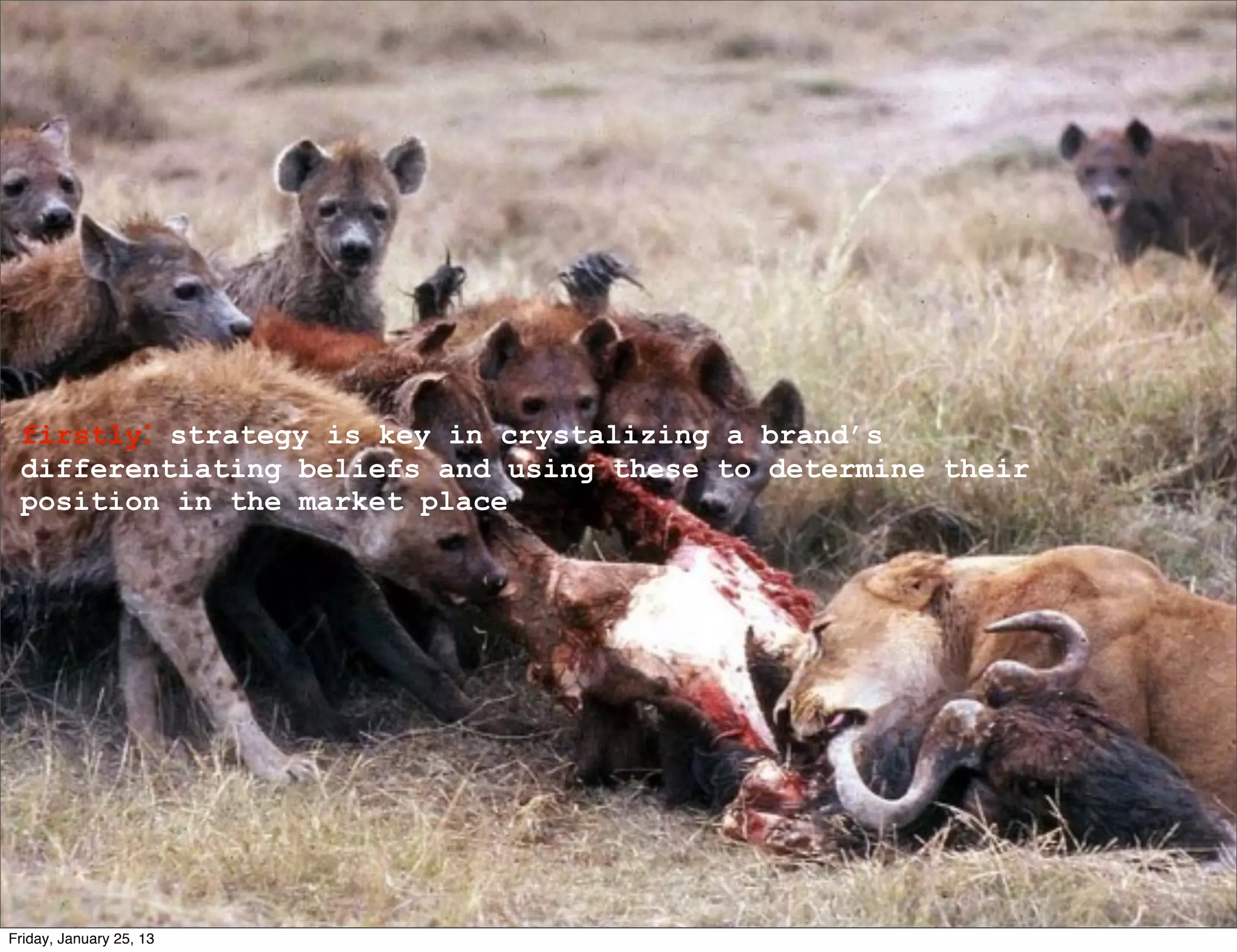 firstly: strategy is key in crystalizing a brand’s
 differentiating beliefs and using these to determine their
 position in the market place




Friday, January 25, 13
 