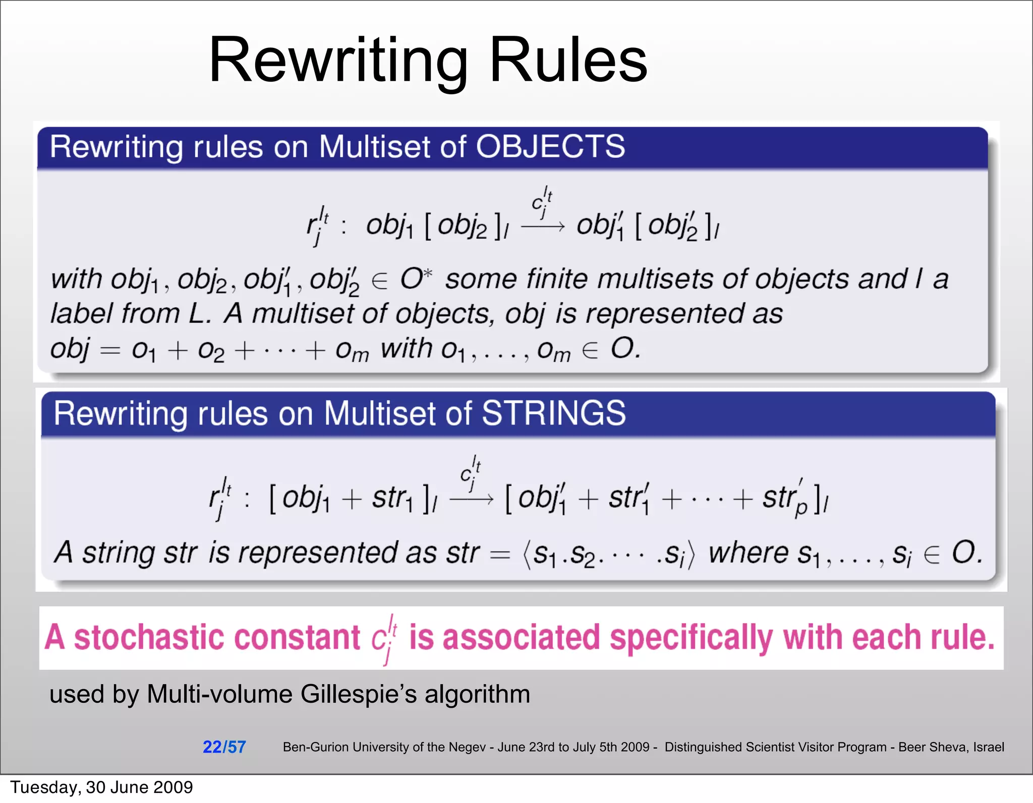 Rewriting Rules




    used by Multi-volume Gillespie’s algorithm
                        22 /57   Ben-Gurion University of the Negev - June 23rd to July 5th 2009 - Distinguished Scientist Visitor Program - Beer Sheva, Israel


Tuesday, 30 June 2009
 