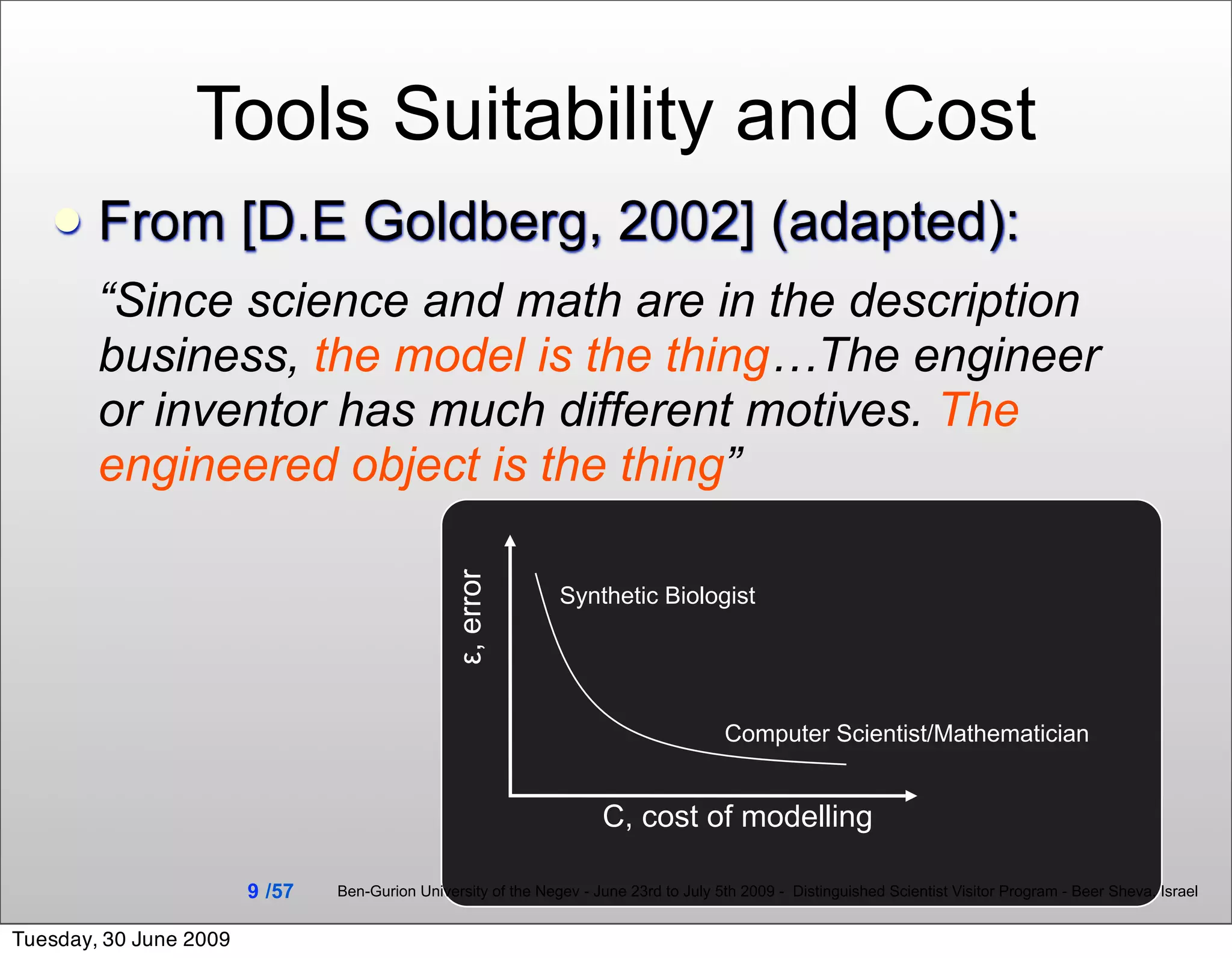 Tools Suitability and Cost
       From [D.E Goldberg, 2002] (adapted):
        “Since science and math are in the description
        business, the model is the thing…The engineer
        or inventor has much different motives. The
        engineered object is the thing”         ε, error



                                                                Synthetic Biologist




                                                                                        Computer Scientist/Mathematician


                                                                      C, cost of modelling

                        9 /57   Ben-Gurion University of the Negev - June 23rd to July 5th 2009 - Distinguished Scientist Visitor Program - Beer Sheva, Israel


Tuesday, 30 June 2009
 