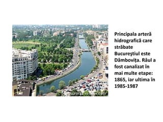 Principala arteră
hidrografică care
străbate
Bucureştiul este
Dâmbovița. Râul a
fost canalizat în
mai multe etape:
1865, iar ultima în
1985-1987
 
