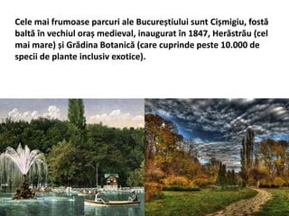 Cele mai frumoase parcuri ale Bucureștiului sunt Cișmigiu, fostă
baltă în vechiul oraș medieval, inaugurat în 1847, Herăstrău (cel
mai mare) și Grădina Botanică (care cuprinde peste 10.000 de
specii de plante inclusiv exotice).
 
