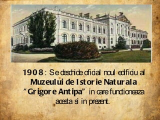 1908 : Se deschide oficial noul edificiu al  Muzeului de Istorie Naturala "Grigore Antipa"  in care functioneaza acesta si in prezent.  