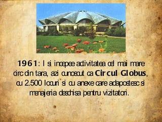 1961 : Isi incepee activitatea cel mai mare circ din tara, azi cunoscut ca  Circul Globus , cu 2.500 locuri si cu anexe care adapostesc si menajeria deschisa pentru vizitatori.  