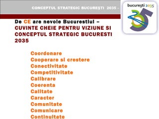 De  CE  are nevoie Bucurestiul – CUVINTE CHEIE PENTRU VIZIUNE SI  CONCEPTUL STRATEGIC BUCURESTI 2035 Coordonare Cooperare si crestere Conectivitate Competitivitate Calibrare Coerenta Calitate Caracter Comunitate Comunicare Continuitate 