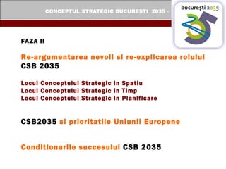FAZA II  Re-argumentarea nevoii si re-explicarea rolului  CSB 2035 Locul Conceptului Strategic in Spatiu Locul Conceptului Strategic in Timp Locul Conceptului Strategic in Planificare CSB2035  si prioritatile Uniunii Europene Conditionarile succesului  CSB 2035 