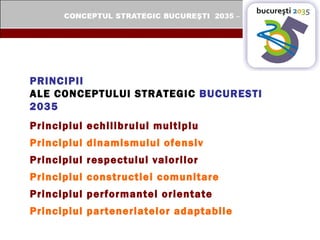 PRINCIPII   ALE CONCEPTULUI STRATEGIC  BUCURESTI 2035 Principiul echilibrului multiplu Principiul dinamismului ofensiv Principiul respectului valorilor Principiul constructiei comunitare Principiul performantei orientate Principiul parteneriatelor adaptabile 
