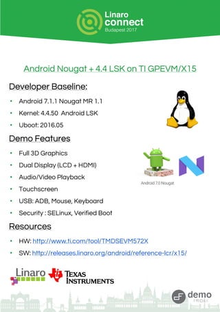 Android Nougat + 4.4 LSK on TI GPEVM/X15
Developer Baseline:
• Android 7.1.1 Nougat MR 1.1
• Kernel: 4.4.50 Android LSK
• Uboot: 2016.05
Demo Features
• Full 3D Graphics
• Dual Display (LCD + HDMI)
• Audio/Video Playback
• Touchscreen
• USB: ADB, Mouse, Keyboard
• Security : SELinux, Verified Boot
Resources
• HW: http://www.ti.com/tool/TMDSEVM572X
• SW: http://releases.linaro.org/android/reference-lcr/x15/
 