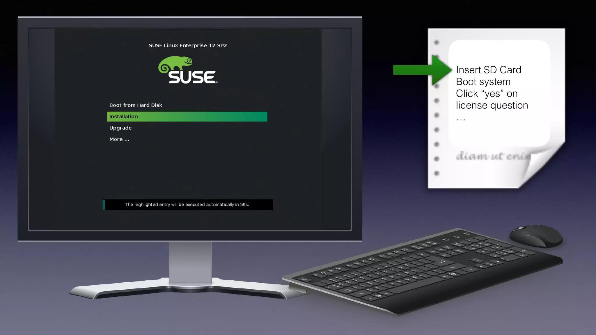Insert SD Card
Boot system
Click “yes” on
license question
…
 