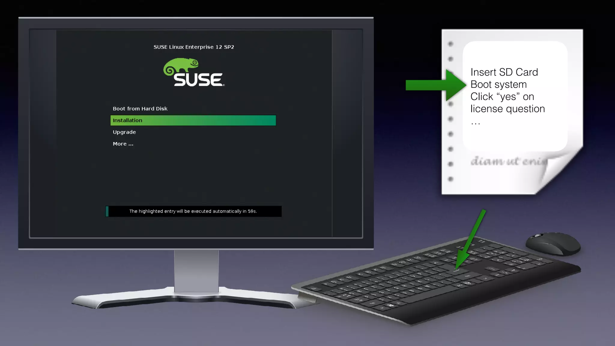 Insert SD Card
Boot system
Click “yes” on
license question
…
 