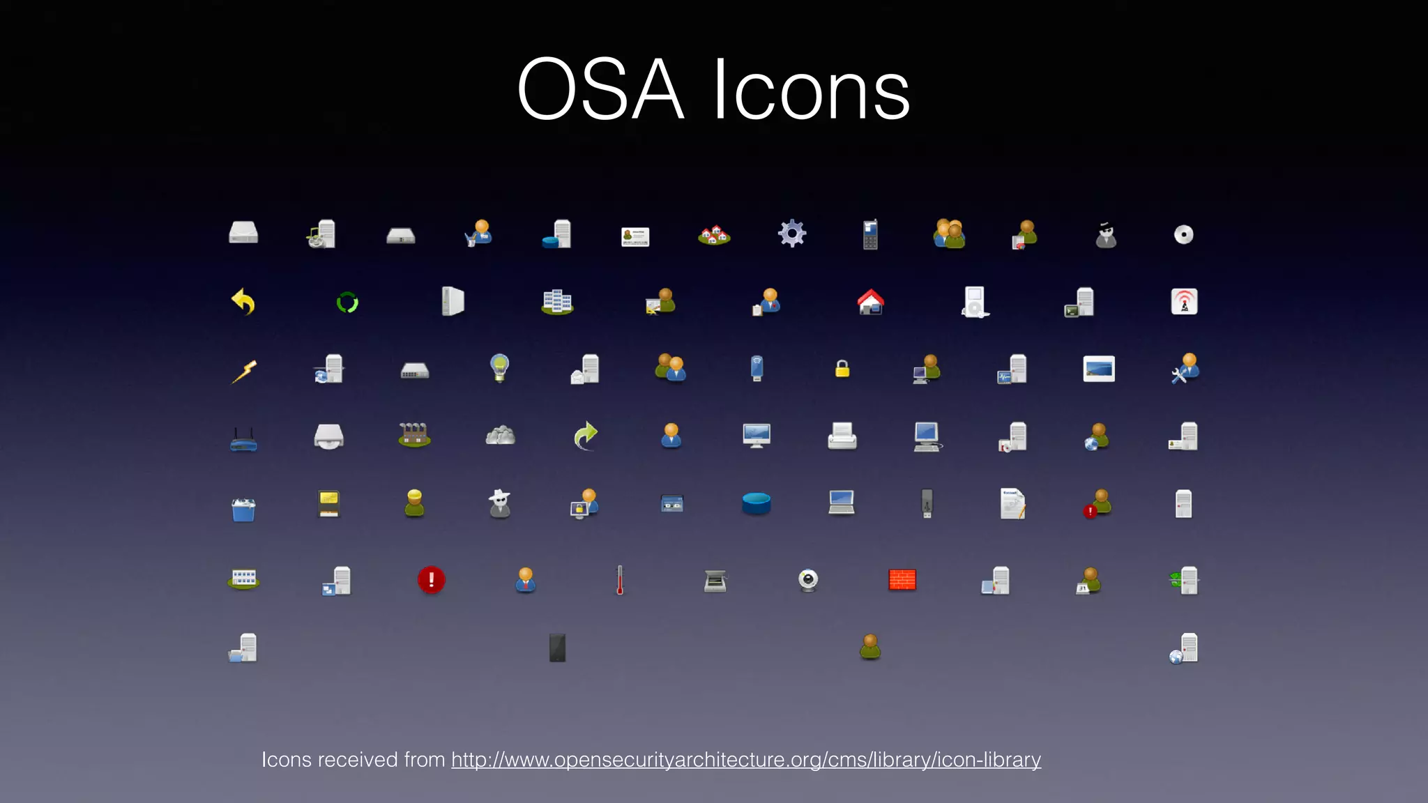 OSA Icons
Icons received from http://www.opensecurityarchitecture.org/cms/library/icon-library
 