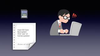 Insert SD Card
Boot system
Click “yes” on
license question
…
 