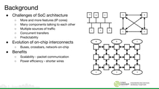 ENGINEERS AND DEVICES
WORKING TOGETHER
Background
● Challenges of SoC architecture
○ More and more features (IP cores)
○ Many components talking to each other
○ Multiple sources of traffic
○ Concurrent transfers
○ Predictability
● Evolution of on-chip interconnects
○ Buses, crossbars, network-on-chip
● Benefits
○ Scalability - packet communication
○ Power efficiency - shorter wires
 