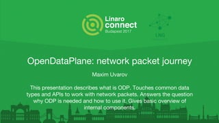OpenDataPlane: network packet journey
Maxim Uvarov
This presentation describes what is ODP. Touches common data
types and APIs to work with network packets. Answers the question
why ODP is needed and how to use it. Gives basic overview of
internal components.
 
