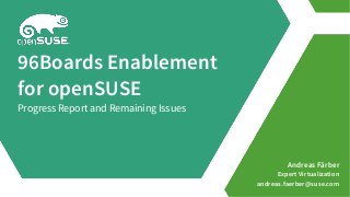 Andreas Färber
Expert Virtualization
andreas.faerber@suse.com
96Boards Enablement
for openSUSE
Progress Report and Remaining Issues
 