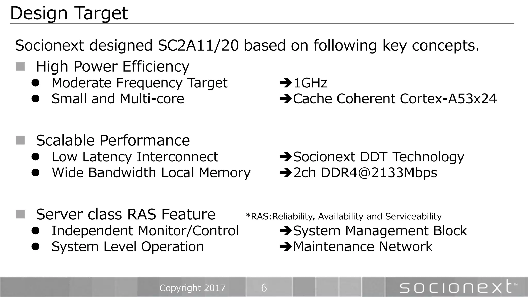 6
Socionext designed SC2A11/20 based on following key concepts.
 High Power Efficiency
 Moderate Frequency Target 1GHz
 Small and Multi-core Cache Coherent Cortex-A53x24
 Scalable Performance
 Low Latency Interconnect Socionext DDT Technology
 Wide Bandwidth Local Memory 2ch DDR4@2133Mbps
 Server class RAS Feature *RAS:Reliability, Availability and Serviceability
 Independent Monitor/Control System Management Block
 System Level Operation Maintenance Network
Design Target
Copyright 2017
 
