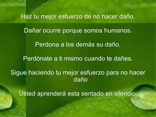 Haz tu mejor esfuerzo de no hacer daño. Dañar ocurre porque somos humanos. Perdona a los demás su daño. Perdónate a ti mismo cuando te dañes. Sigue haciendo tu mejor esfuerzo para no hacer daño Usted aprenderá esta sentado en silencio. 