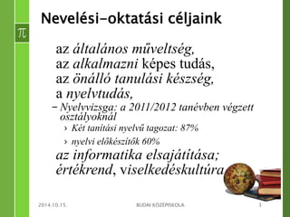 Nevelési-oktatási céljaink 
az általános műveltség, 
az alkalmazni képes tudás, 
az önálló tanulási készség, 
a nyelvtudás, 
– Nyelvvizsga: a 2011/2012 tanévben végzett 
osztályoknál 
› Két tanítási nyelvű tagozat: 87% 
› nyelvi előkészítők 60% 
az informatika elsajátítása; 
értékrend, viselkedéskultúra 
2014.10.15. BUDAI KÖZÉPISKOLA 3 
 