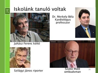 Iskolánk tanuló voltak 
Juhász Ferenc költő 
Dr. Merkely Béla 
Kardiológus 
professzor 
Szabó Máté 
ombudsman 
30 Szilágyi János riporter 
 