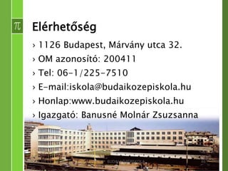 Elérhetőség 
› 1126 Budapest, Márvány utca 32. 
› OM azonosító: 200411 
› Tel: 06-1/225-7510 
› E-mail:iskola@budaikozepiskola.hu 
› Honlap:www.budaikozepiskola.hu 
› Igazgató: Banusné Molnár Zsuzsanna 
2014.10.15. BUDAI KÖZÉPISKOLA 46 
