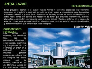 ANTAL LAZAR
Estación Volan
Estos proyectos aportan a la ciudad nuevas formas y calidades espaciales especialmente
generadas en el exterior a partir del proyecto, se crean plazas y circulaciones sobre los propios
volúmenes del edificio y estas tienen diversidad de formas y alturas, se puede ir ascendiendo por
estas hacia partes del edificio sin necesidad de tener que circularlo interiormente, algunas
plazoletas se convierten en miradores hacia el propio edificio y hacia su entorno, en el caso de la
estación por ser un proyecto de movilidad básicamente se hace evidente la importancia del andén
y de las circulaciones que también son sitios de espera.
REFLEXIÓN URBAN
Las formas son
diversas, se combinan
todo tipo de
geometrías, circulares, r
ectangulares, piramidale
s y triangulares, sin que
se Pierda un orden en la
edificación, estas
mezclas generan
espacios novedosos que
se integran de buena
manera con su
entorno, además el uso
de diferentes formas en
los volúmenes resalta
COMPONENTES
FORMALES
 